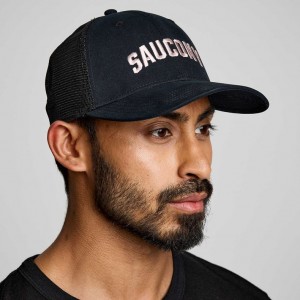 Men's Saucony Adjustable Snap Back Trucker Hats Black | CANADA DJCUEAG