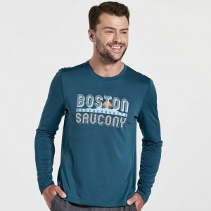 Men's Saucony Stopwatch Graphic Long Sleeve T-Shirt Blue | CANADA NUWGATI